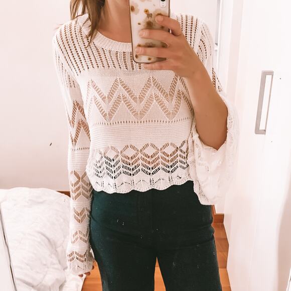 Anthropologie Mystree Pointelle Cropped Sweater Bell Sleeve Top - Picture 7 of 12